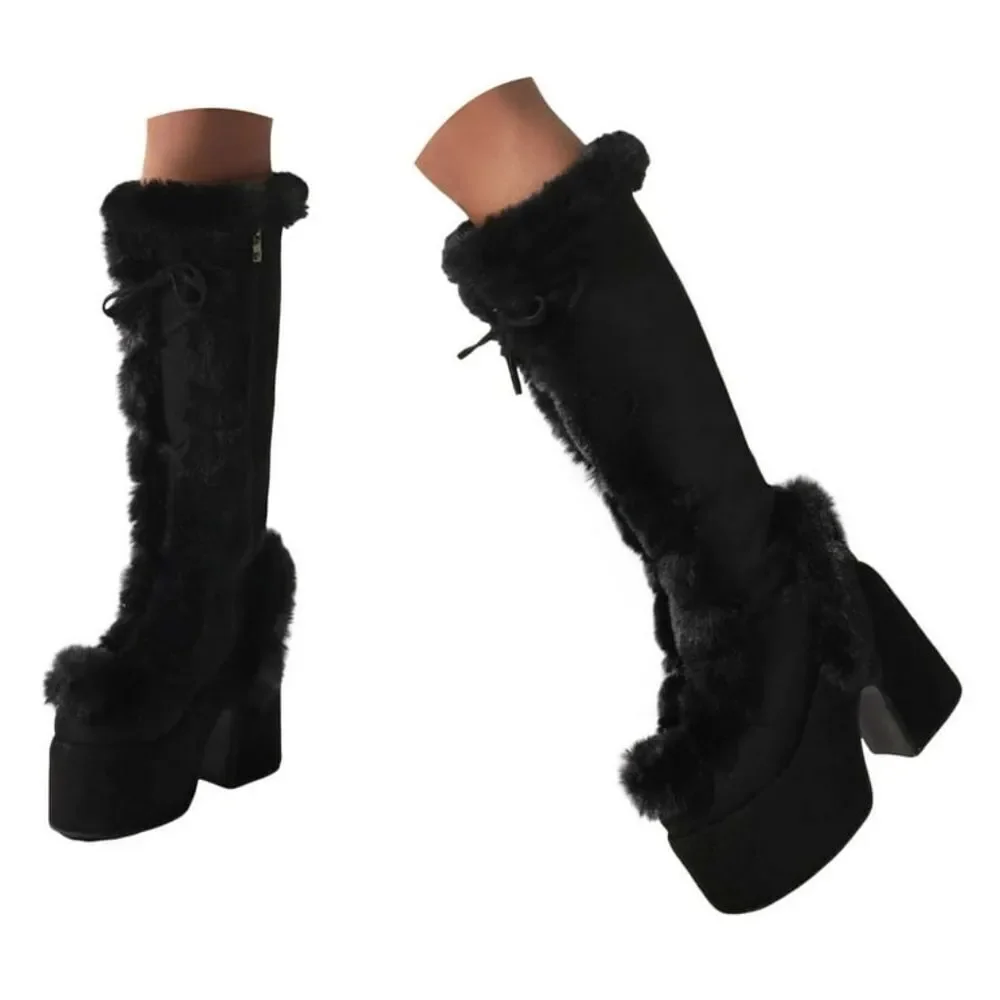 (T-4370) Platform Snow Boots for Women Furry Cozy Knee High Boots Sz 35 (4.5)